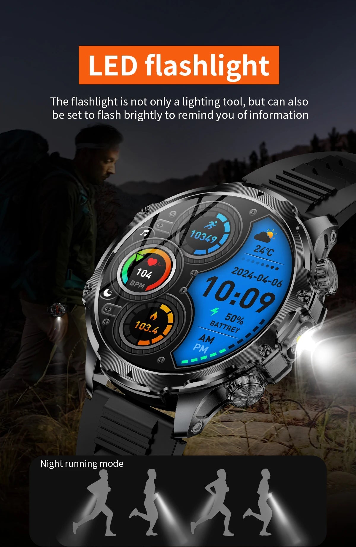 Smartwatch Outdoor Fitness Tracker LED Flashlight