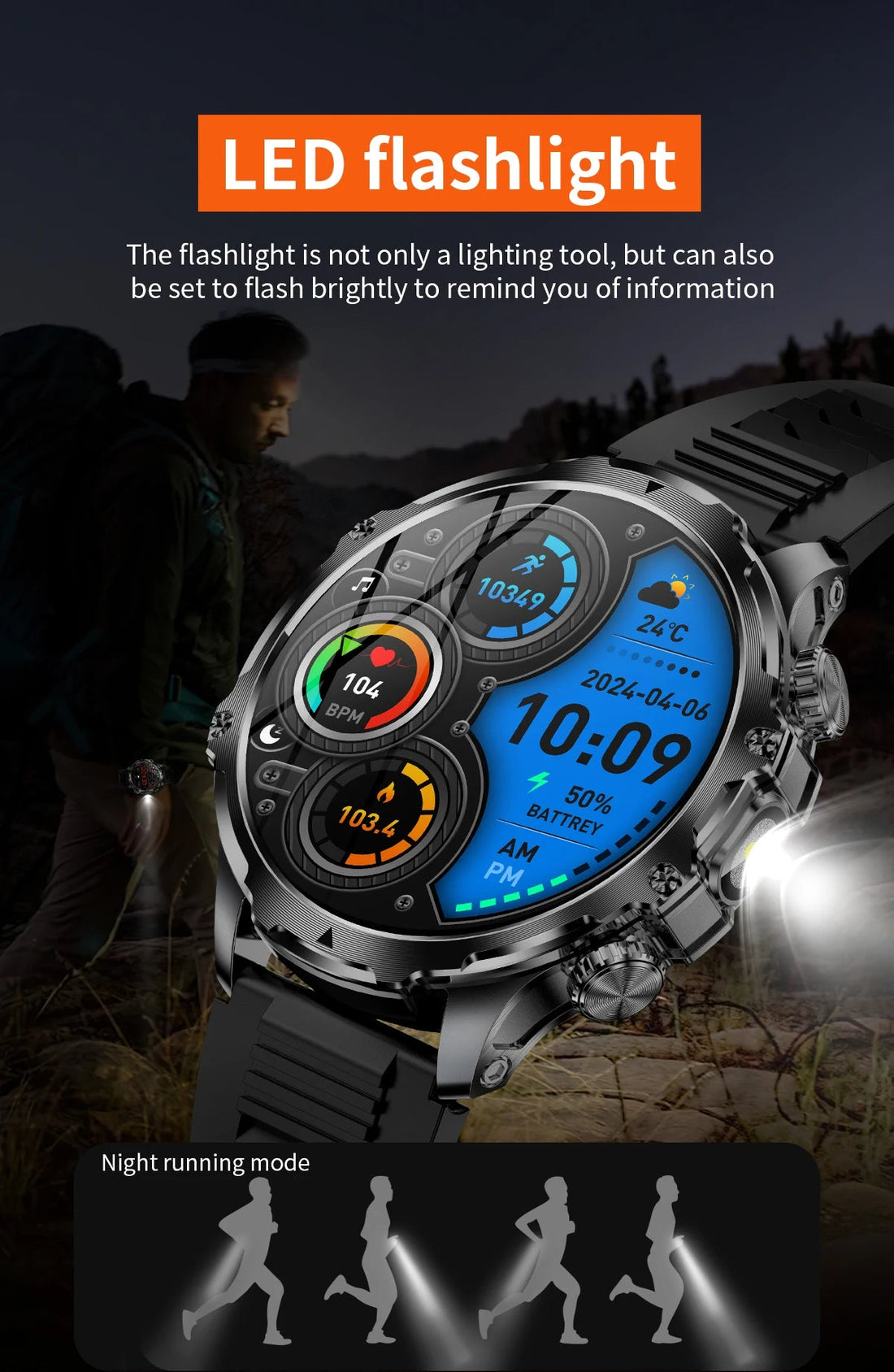 Smartwatch Outdoor Fitness Tracker LED Flashlight