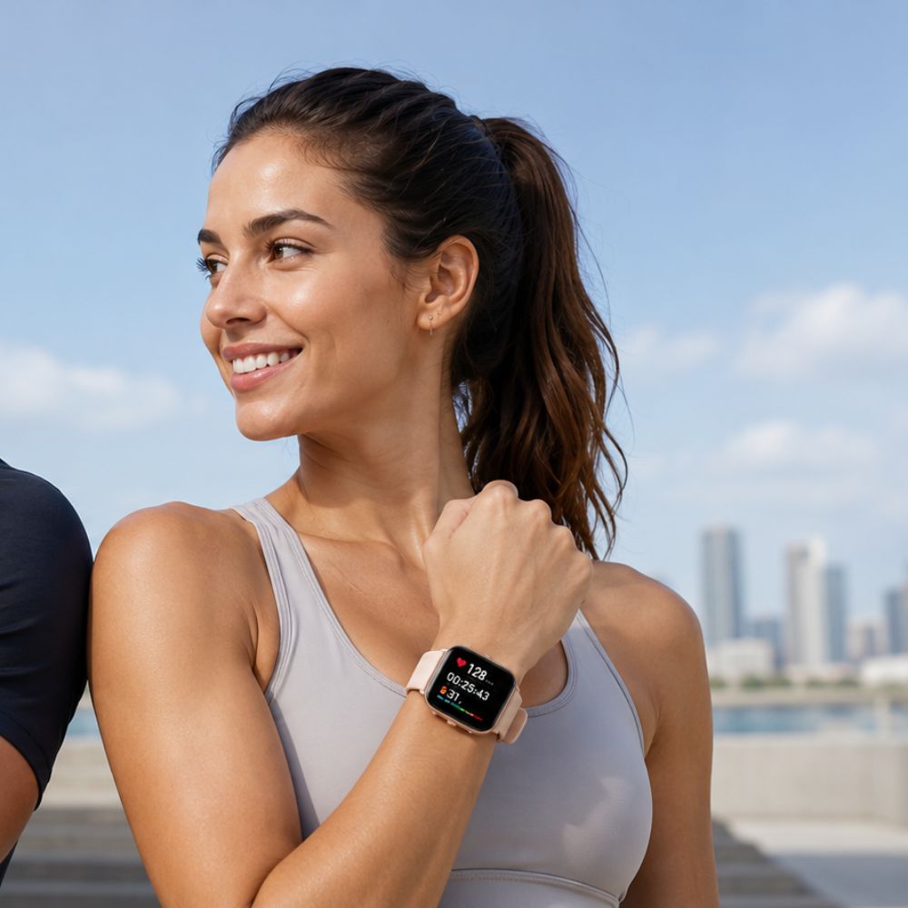 Woman wearing a smartwatch outdoors with a city skyline in the background