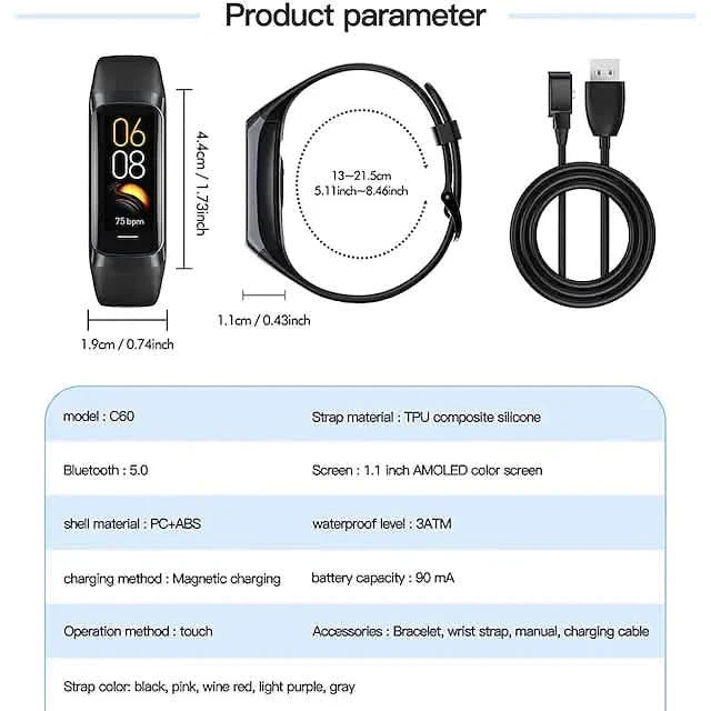 C60 Smartwatch 1.1 Inch Fitness Bluetooth Watch